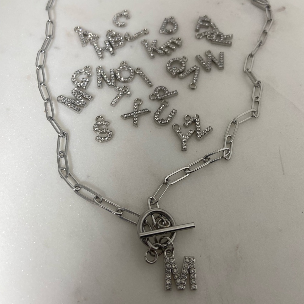 Alphabet Rhinestone Letters Toggle Silver Necklace - Picture 3 of 4